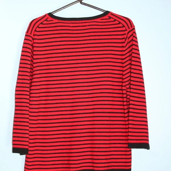 Cathy Daniels Red and Black Striped Sweater with Black Bow LG 3/4 Length Sleeves - Picture 7 of 11